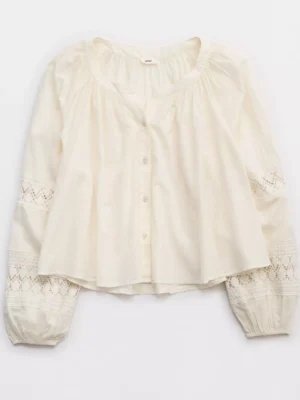 White Long Sleeve Crochet Button Down