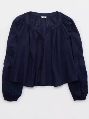 Navy Long Sleeve Crochet Button Down Shirt