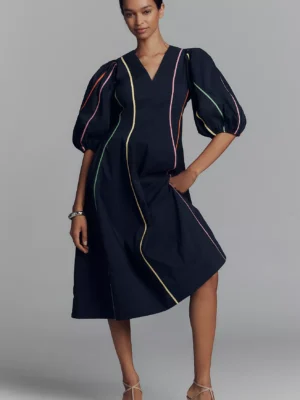 Puff-Sleeve V-Neck Piped Midi Dress
