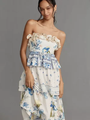 Linen blend Strapless Ruffle Tiered Dress