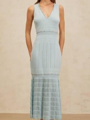 Théa Blue Embellished Mermaid Knit Maxi Dress