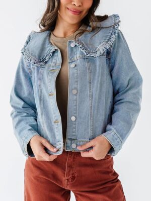 Kedera Women's Jean Jacket Cropped Denim Jacket Long Sleeve Peter Pan Collar Button Down Jean Shirt Crop Top