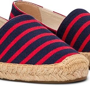 Navy background, red striped Soludos
