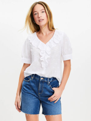 Clip Eyelet Ruffle Puff Sleeve Vneck Top