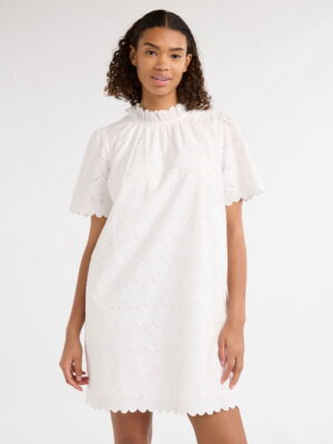 White Eyelet Dress with Ruffle neck and scalloped hem
