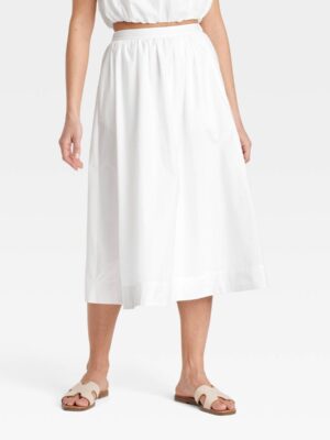 White Midi Skirt with Elastic Waistband