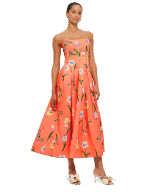 Lynn Bustier Midi Dress - Wild Flower in Coral