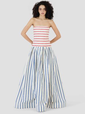 Strapless Drop Waist Gown in Coastal Stripe Cotton