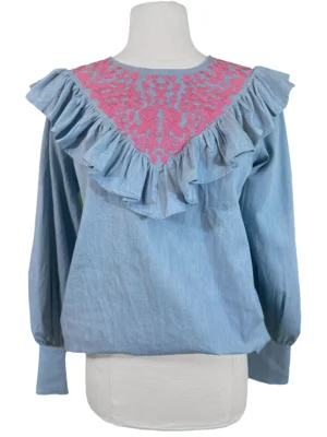 Pink Embroidered Denim Ruffle Top