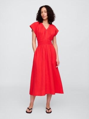 Red Smocked V-Neck Dress