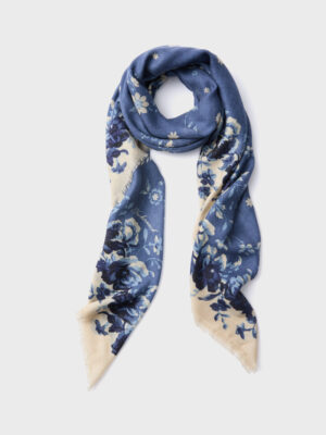 Slate Blue Fading Floral Silk Cashmere Blend Large Scarf