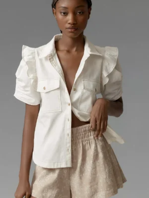 The Ozzi Ruffle-Sleeve Buttondown Shirt by Pilcro