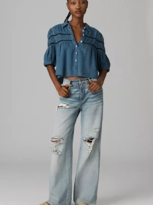 The Leandra Shirred Yoke Blouse by Maeve: Denim Edition