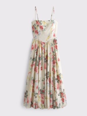 Dipped-Waist Bubble Hem Midi - Cream Floral