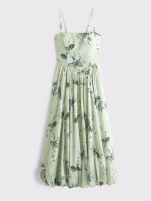 Dipped-Waist Bubble Hem Midi - Green Floral