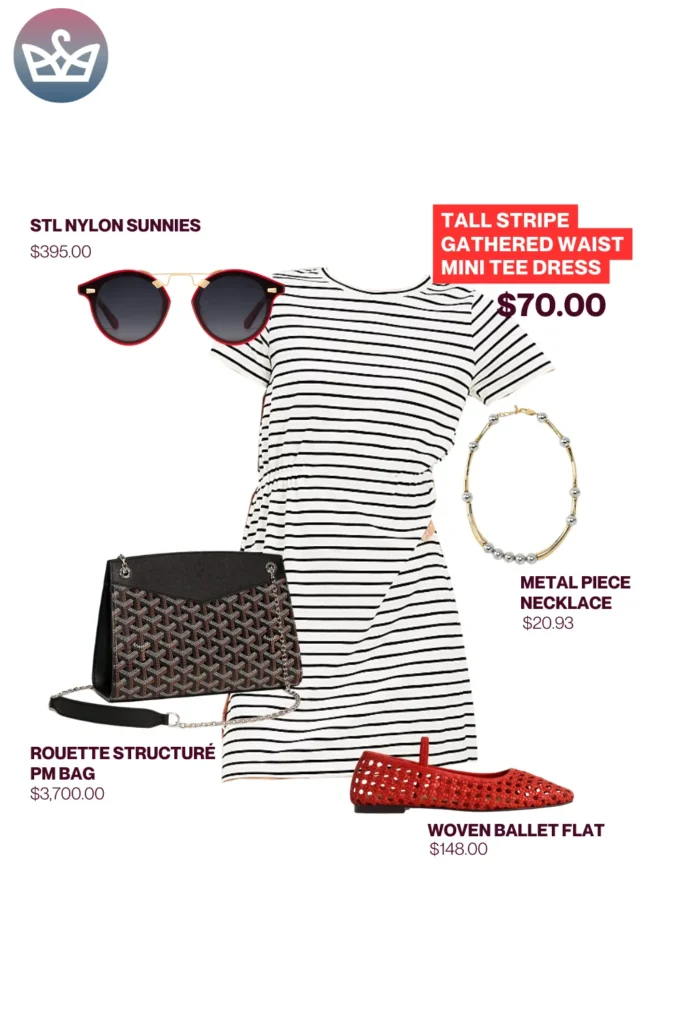 Chic airport outfits that feel like pajamas 1 1 result adjust my crown Chic airport outfit featuring a black and white striped mini tee dress with red woven ballet flats round sunglasses statement necklace and luxury rouette structure pm bag