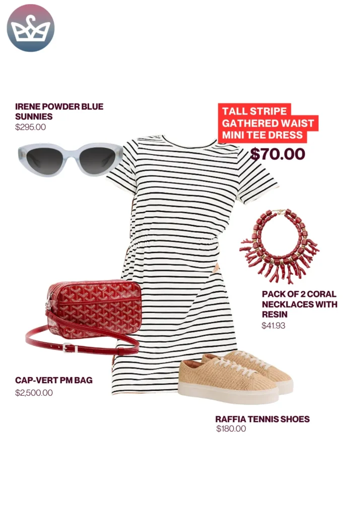 Chic airport outfits that feel like pajamas 1 2 result adjust my crown Comfy chic airport outfit styled with a striped mini tee dress raffia sneakers coral statement necklace powder blue sunglasses and a red designer crossbody bag