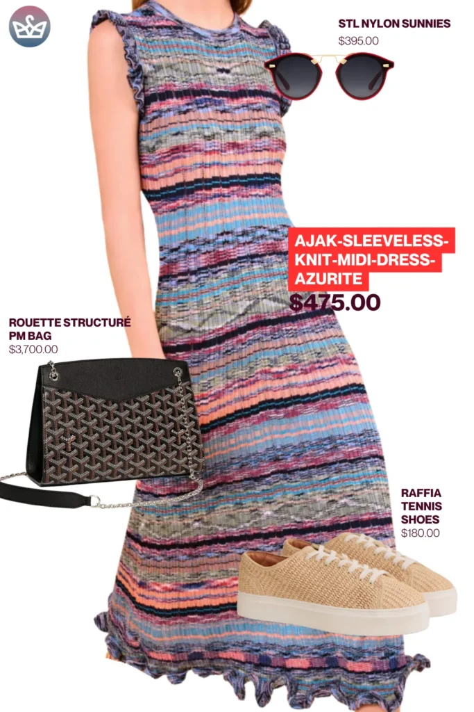 Chic airport outfits that feel like pajamas 103 result adjust my crown Modern chic airport outfit styled with ajak sleeveless knit midi dress stl nylon sunglasses rouette structured pm bag and raffia tennis sneakers