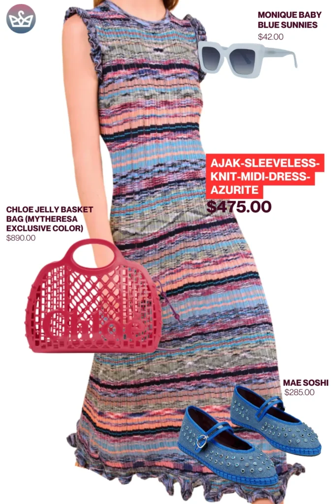 Chic airport outfits that feel like pajamas 104 result adjust my crown Playful chic airport outfit styled with ajak sleeveless knit midi dress monique baby blue sunglasses chloe jelly basket bag and blue mae soshi flats