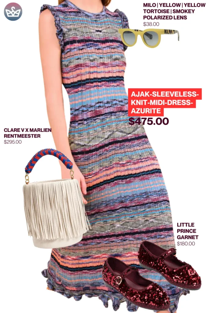 Chic airport outfits that feel like pajamas 105 result adjust my crown Statement chic airport outfit styled with ajak sleeveless knit midi dress milo yellow tortoise sunglasses clare v rentmeester fringe bag and sequined garnet flats