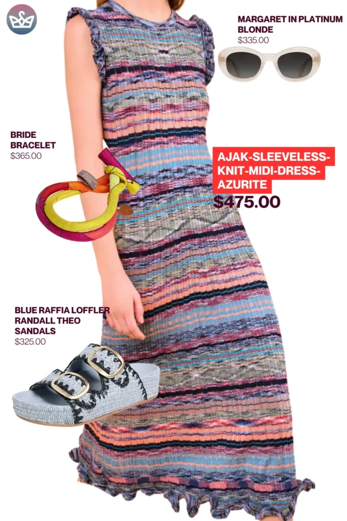 Chic airport outfits that feel like pajamas 106 result adjust my crown Eclectic chic airport outfit styled with ajak sleeveless knit midi dress margaret platinum blonde sunglasses colorful bride bracelet and blue raffia platform sandals