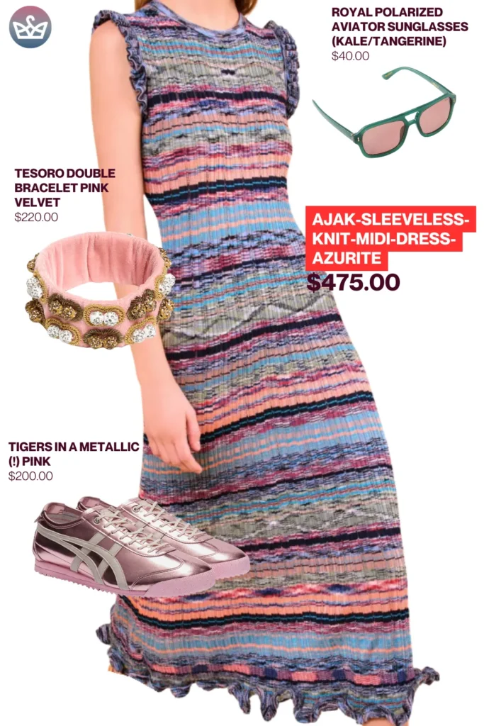 Chic airport outfits that feel like pajamas 107 result adjust my crown Trendy chic airport outfit styled with ajak sleeveless knit midi dress royal polarized aviator sunglasses tesoro pink velvet bracelet and metallic pink sneakers