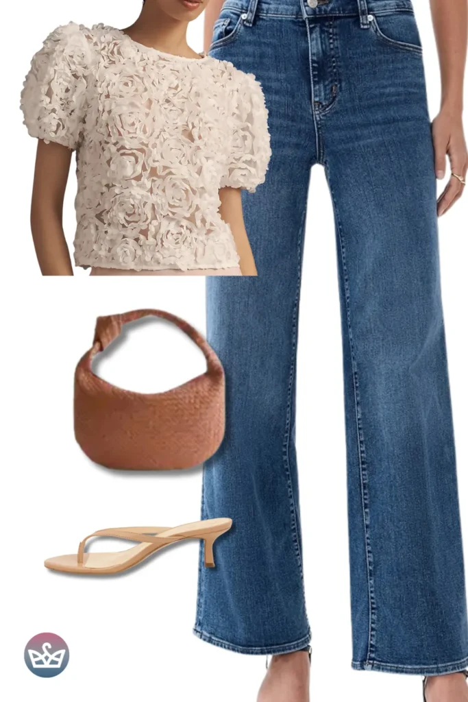 Baggy Jeans topped with a 3D rosette puff-sleeve crop, brown hobo bag, and kitten-heel thongs for romantic minimalism.