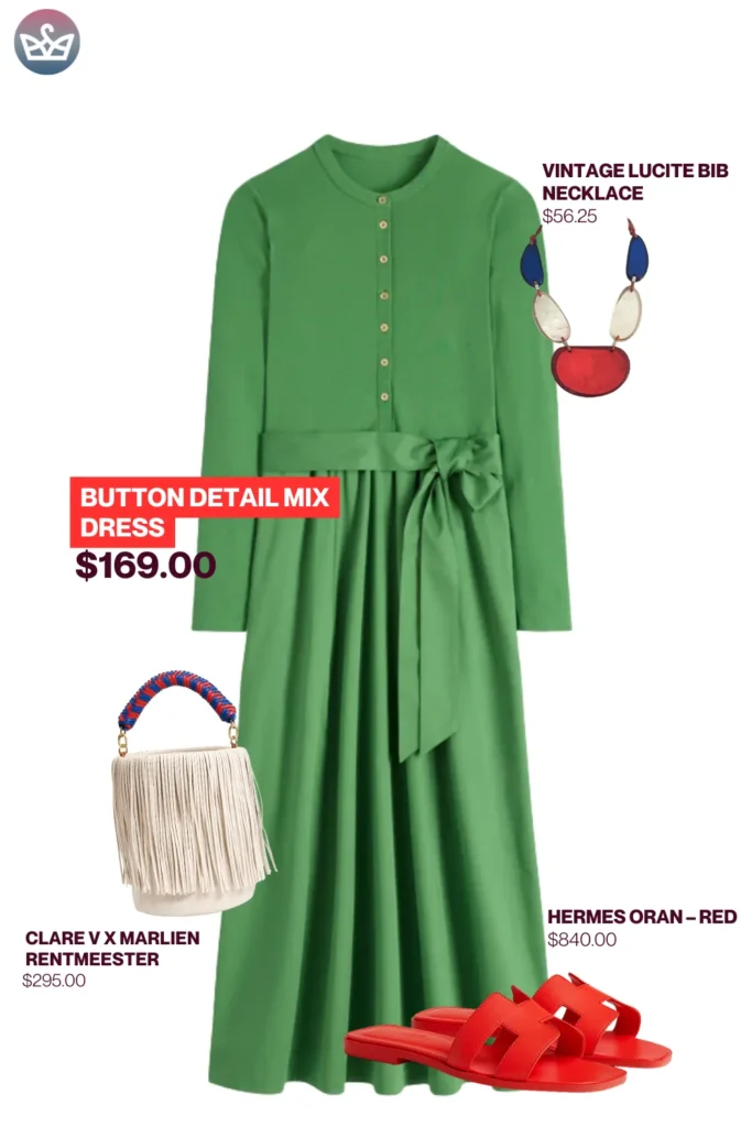 Chic airport outfits that feel like pajamas 113 result adjust my crown Chic airport outfits styled with green button detail mix dress vintage lucite bib necklace clare v rentmeester fringe bag and red hermes oran sandals