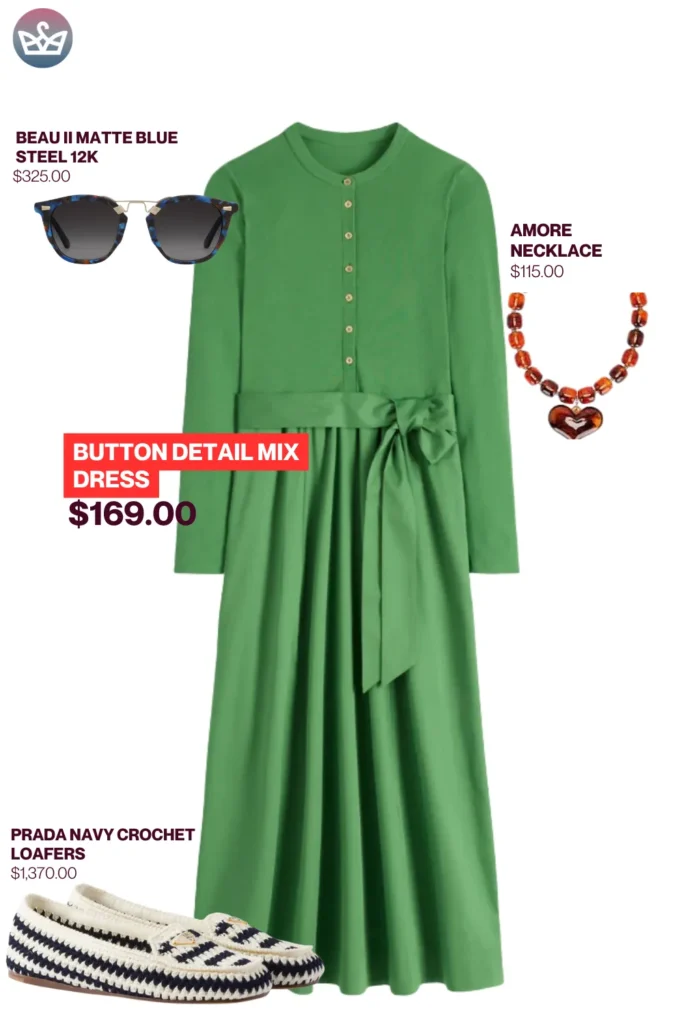 Chic airport outfits that feel like pajamas 114 result adjust my crown Chic airport outfits styled with green button detail mix dress beau ii matte blue sunglasses amore necklace and prada navy crochet loafers