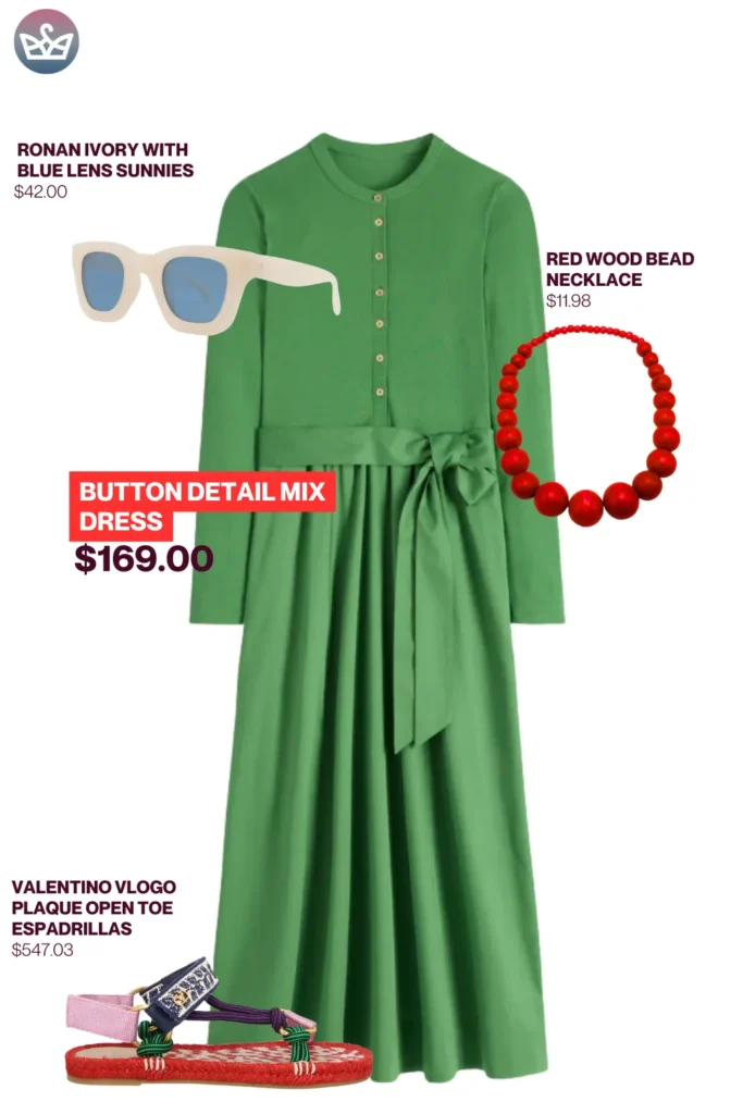 Chic airport outfits that feel like pajamas 115 result adjust my crown Fresh chic airport outfits styled with green button detail mix dress ronan ivory sunglasses red wood bead necklace and valentino vlogo espadrilles
