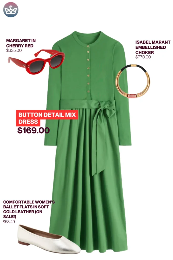 Chic airport outfits that feel like pajamas 116 result adjust my crown Elegant airport outfits styled with green button detail mix dress margaret red sunglasses isabel marant embellished choker and soft gold ballet flats