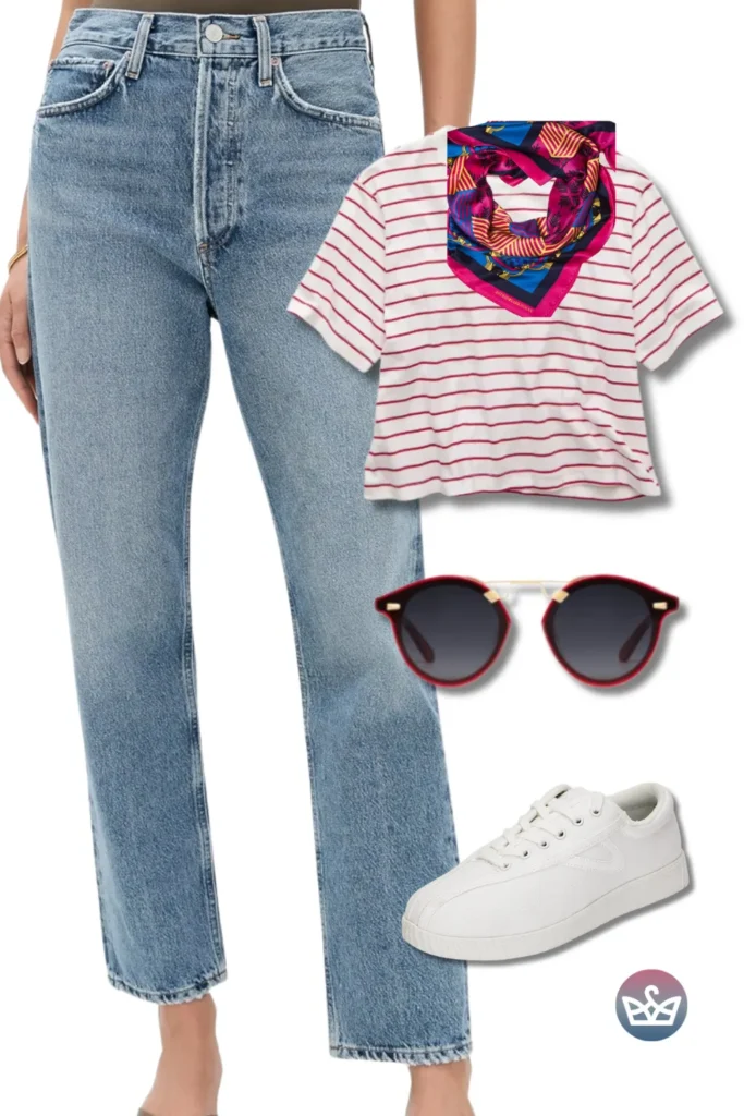 Baggy Jeans with a striped tee, bright silk neck scarf, round red sunglasses, and white sneakers for classic weekend style.