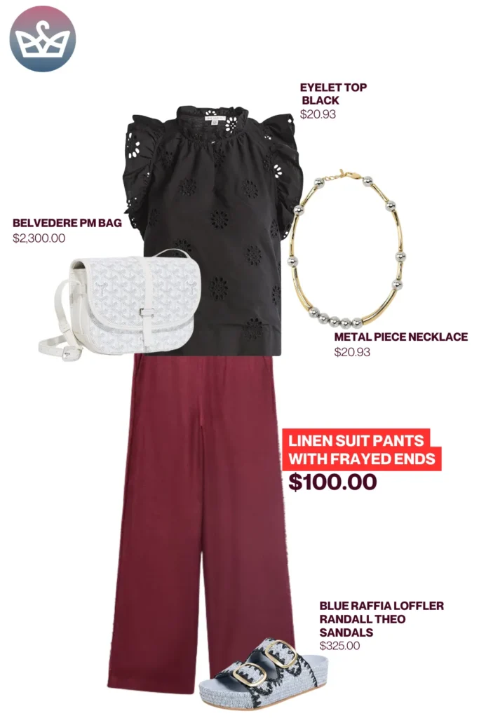 Chic airport outfits that feel like pajamas 11 result adjust my crown Linen pants airport outfit featuring a black eyelet top burgundy linen suit pants with frayed ends blue raffia sandals white belvedere pm bag and a gold beaded necklace