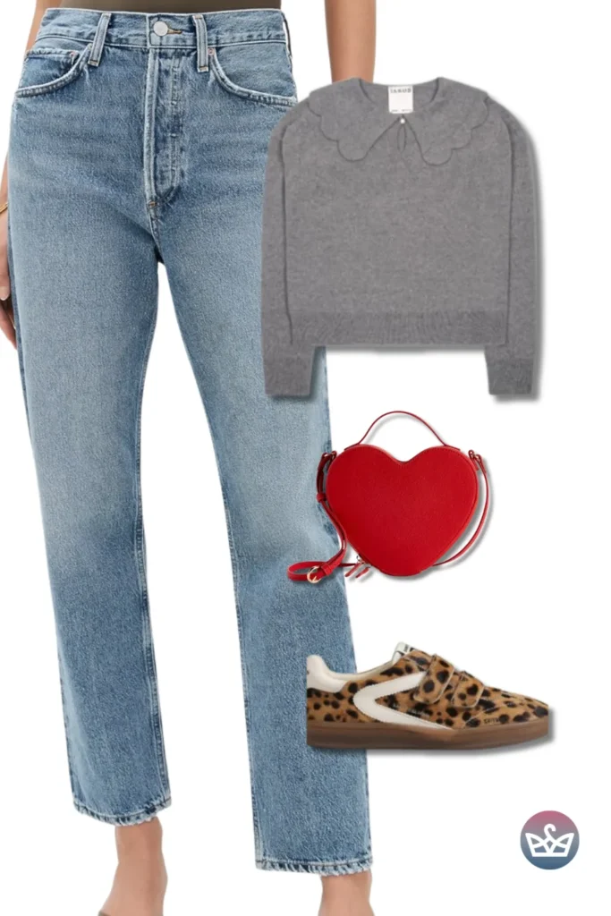 Baggy Jeans with a scalloped gray knit, red heart crossbody, and leopard sneakers for cute-meets-casual vibes.
