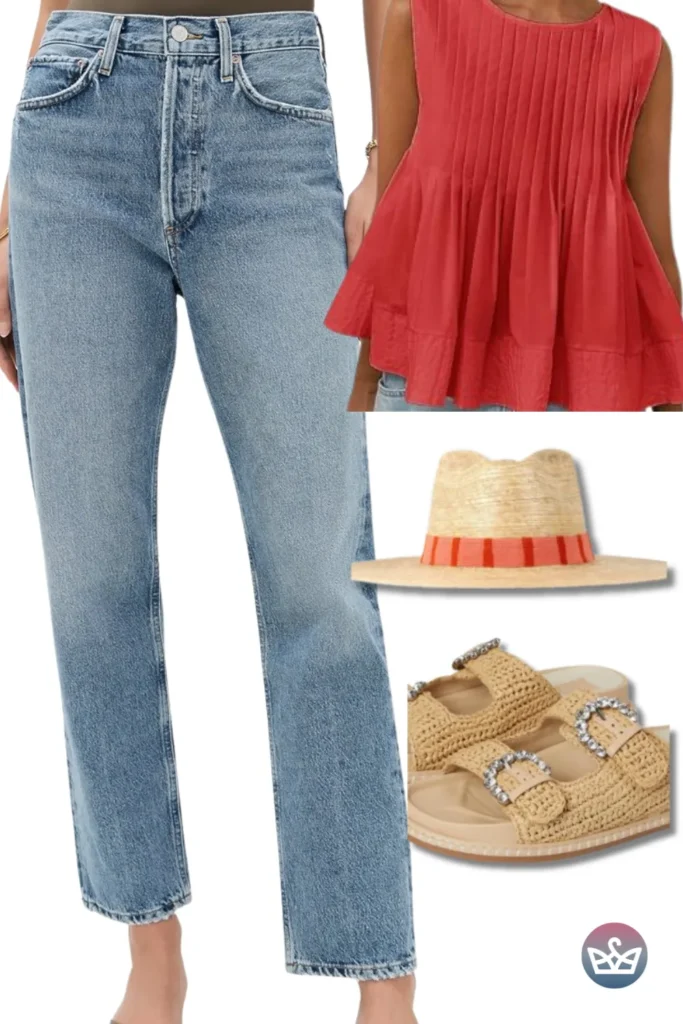 Baggy Jeans with a red pleated peplum top, straw sunhat, and crochet jewel-buckle slides for sunny days.