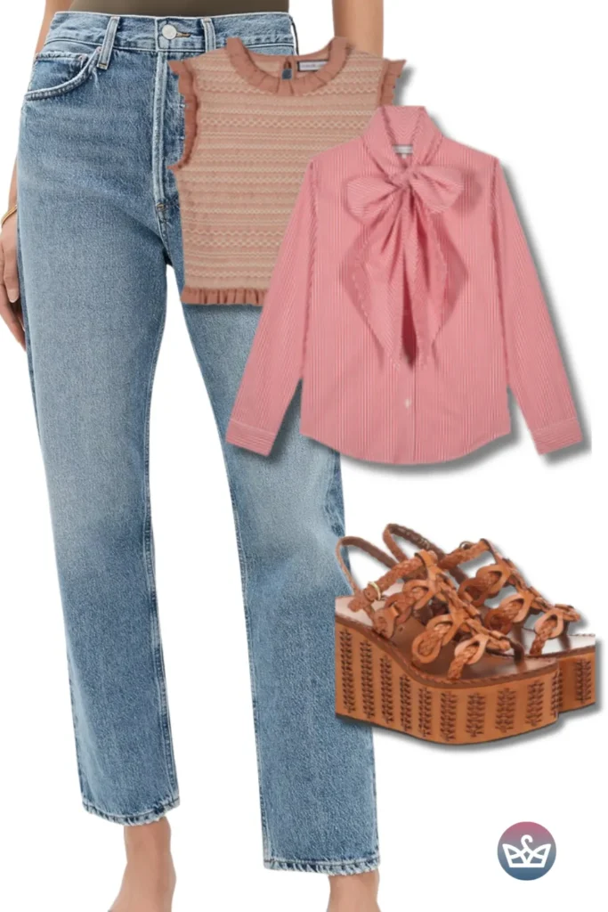 Baggy Jeans with a pink bow blouse layered under a textured knit tank and braided leather platform wedges for feminine lift.