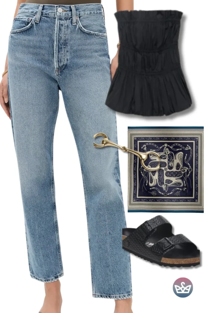 Baggy Jeans with a black ruched tube top, navy equestrian silk scarf, and black woven slides for sleek, polished ease.