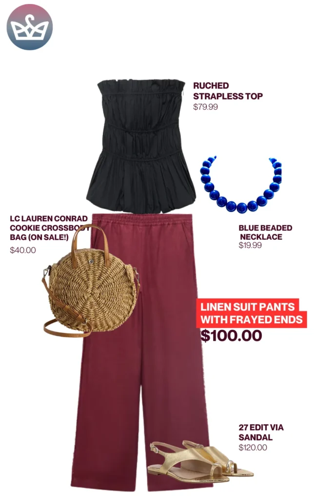 Chic airport outfits that feel like pajamas 15 result adjust my crown Summer chic airport outfit including a black ruched strapless top burgundy linen pants gold sandals round woven crossbody bag and blue beaded necklace