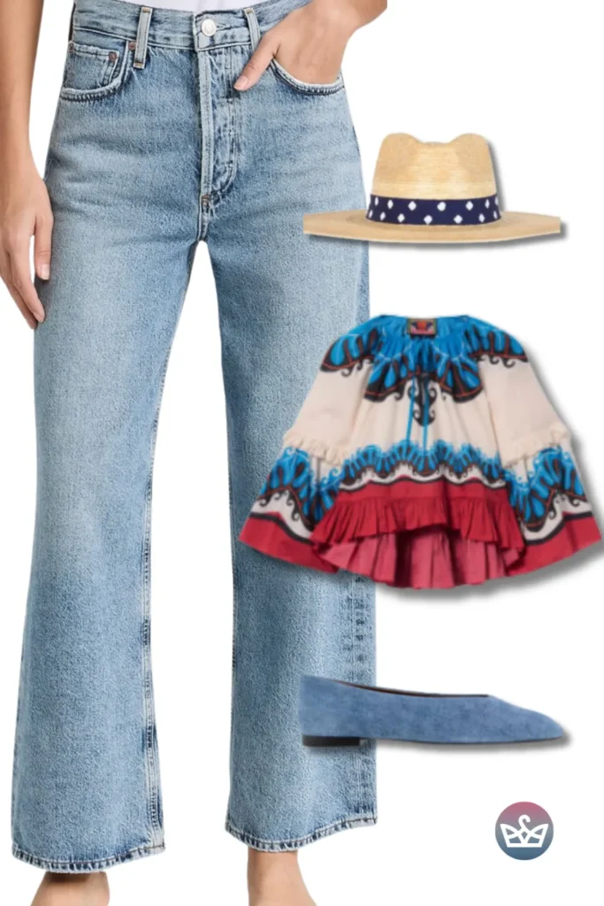 Baggy Jeans with a ruffled boho peasant top, straw hat, and denim flats for bright resort style.