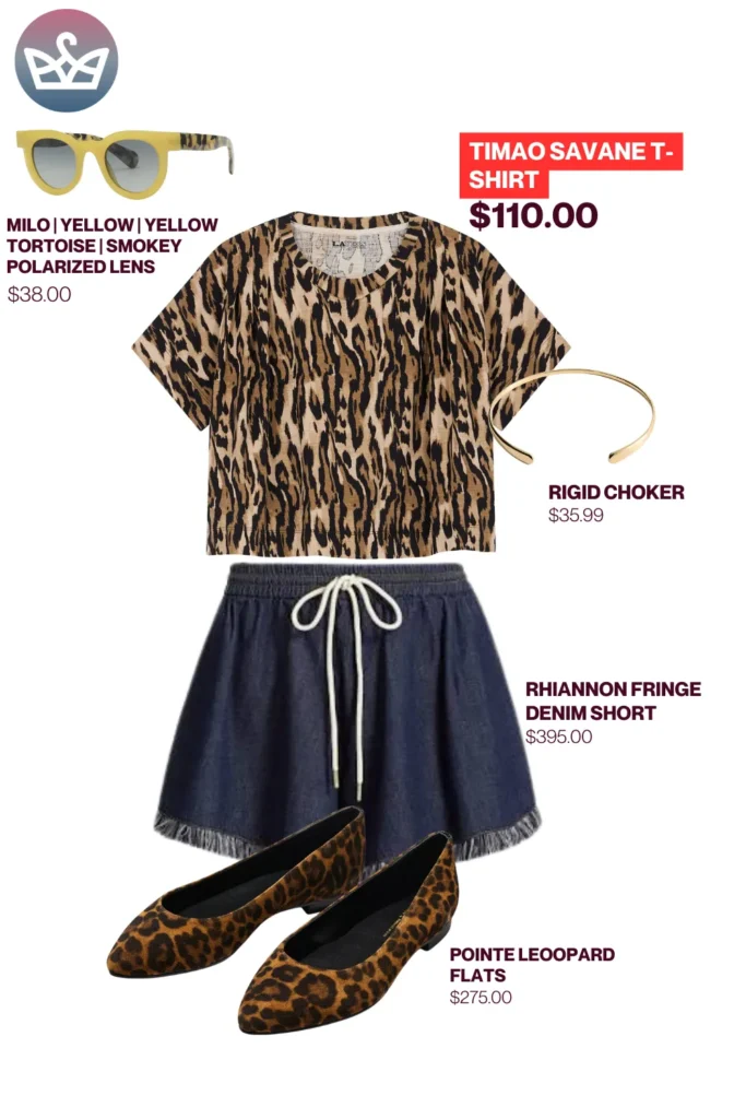 Chic airport outfits that feel like pajamas 16 result adjust my crown Casual chic airport outfit featuring a leopard print tee rhiannon fringe denim shorts leopard flats yellow sunglasses and a gold rigid choker necklace