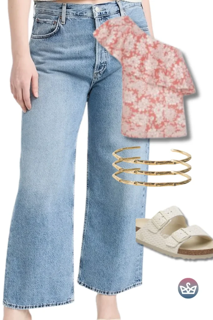 Baggy Jeans for curvy girls with a pink floral one-shoulder top, gold bangles, and cream woven slides.