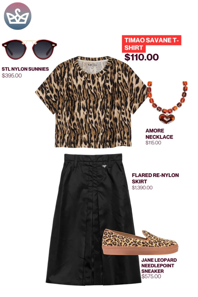 Chic airport outfits that feel like pajamas 17 result adjust my crown Elevated chic airport outfit styled with a leopard print tee flared black nylon skirt leopard sneakers red sunnies and a bold amore beaded necklace