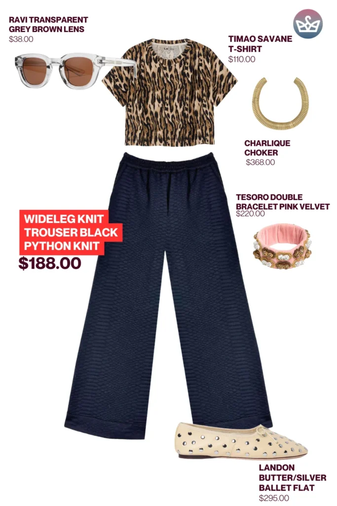 Chic airport outfits that feel like pajamas 18 1 result adjust my crown Trendy chic airport outfit featuring a leopard print tee wide leg black knit trousers studded ballet flats transparent sunglasses and bold jewelry accents