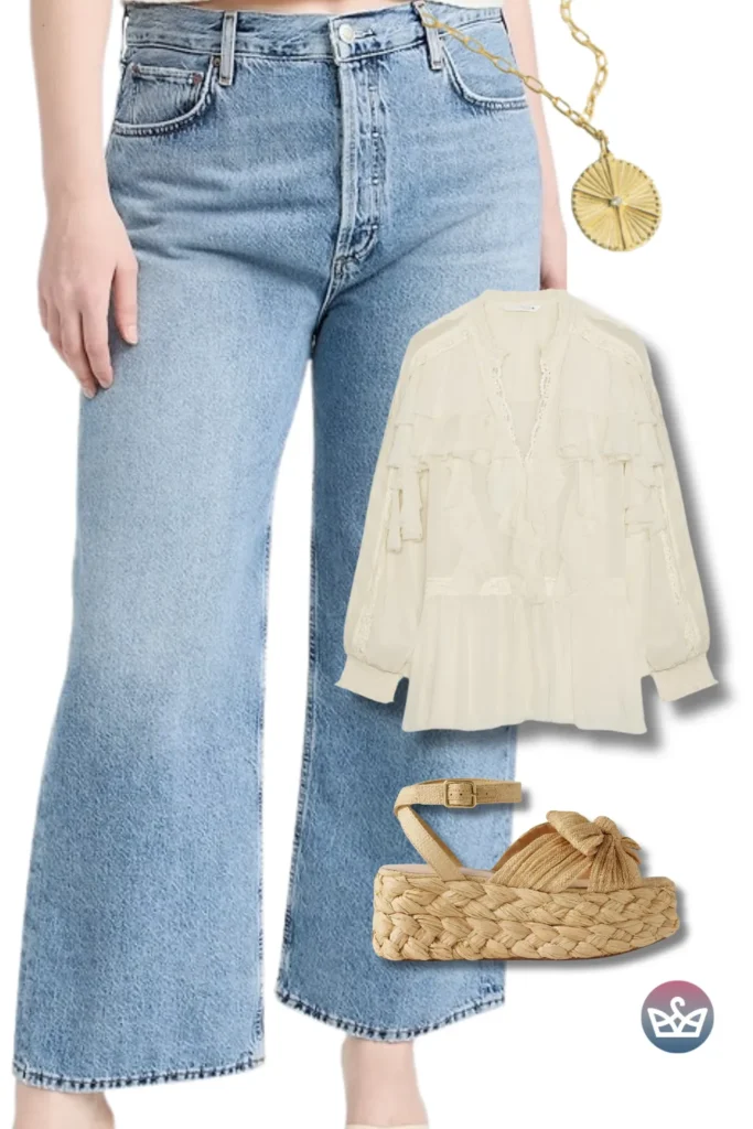 Baggy Jeans for curvy girls styled with an ivory ruffle blouse, gold pendant, and raffia platform sandals.