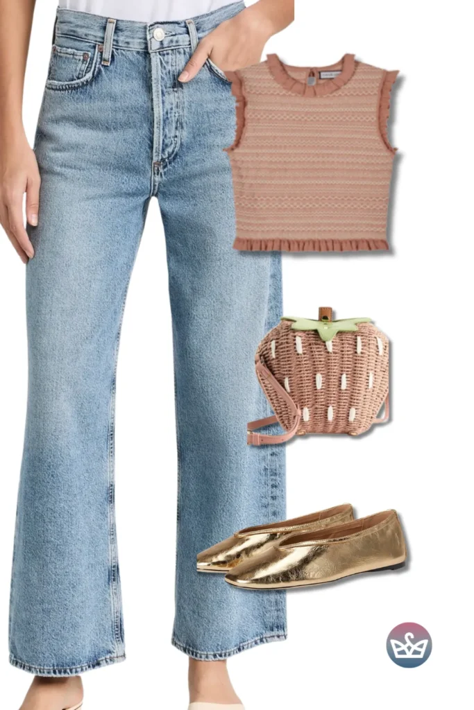 Baggy Jeans with a dusty-rose knit tank, strawberry wicker bag, and metallic gold flats for sweet chic.