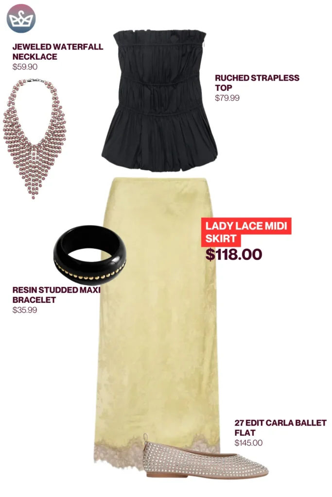Chic airport outfits that feel like pajamas 19 result adjust my crown Lace midi skirt airport outfit styled with a black ruched strapless top yellow lace midi skirt jeweled necklace resin bracelet and studded ballet flats