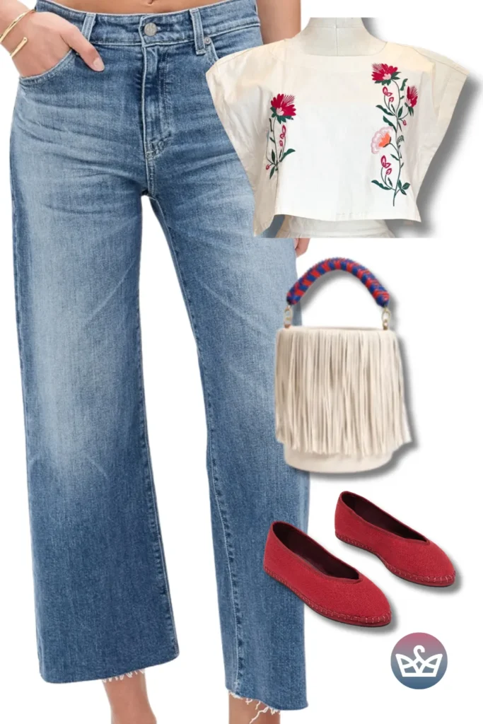 Baggy Jeans with an embroidered crop top, fringe bucket bag, and red flats for boho-cute vibes.