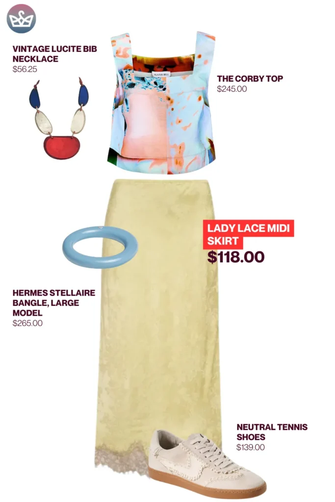 Chic airport outfits that feel like pajamas 20 result adjust my crown Printed top airport outfit featuring a printed corby top yellow lace midi skirt neutral tennis shoes blue bangle and a bold statement necklace