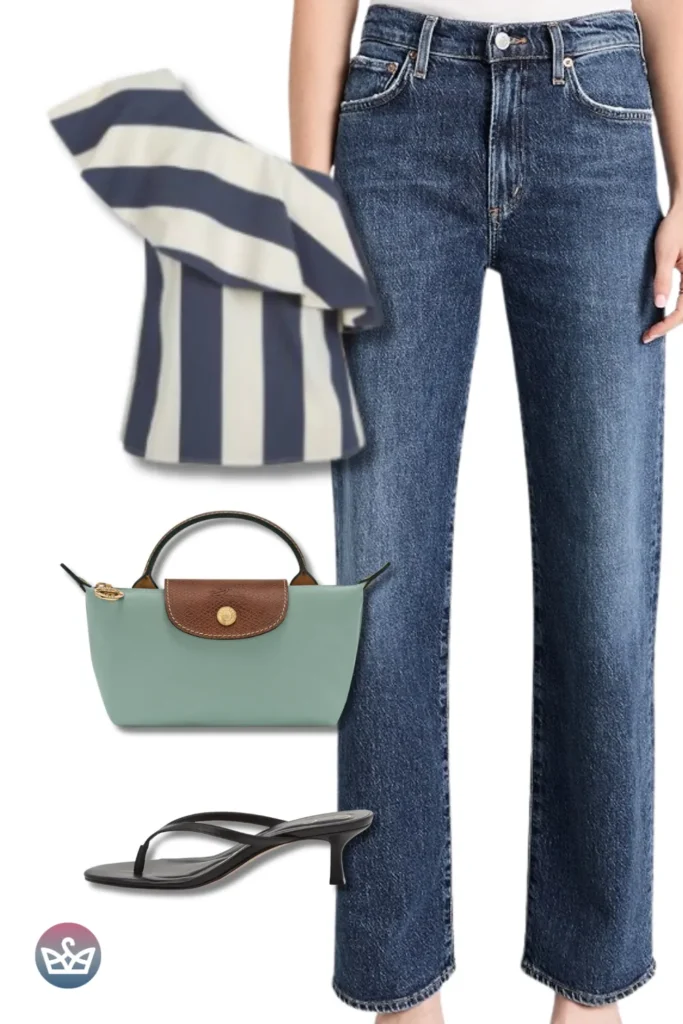 Baggy Jeans with a one-shoulder striped ruffle top, mint mini tote, and black kitten-heel thongs for nautical chic.