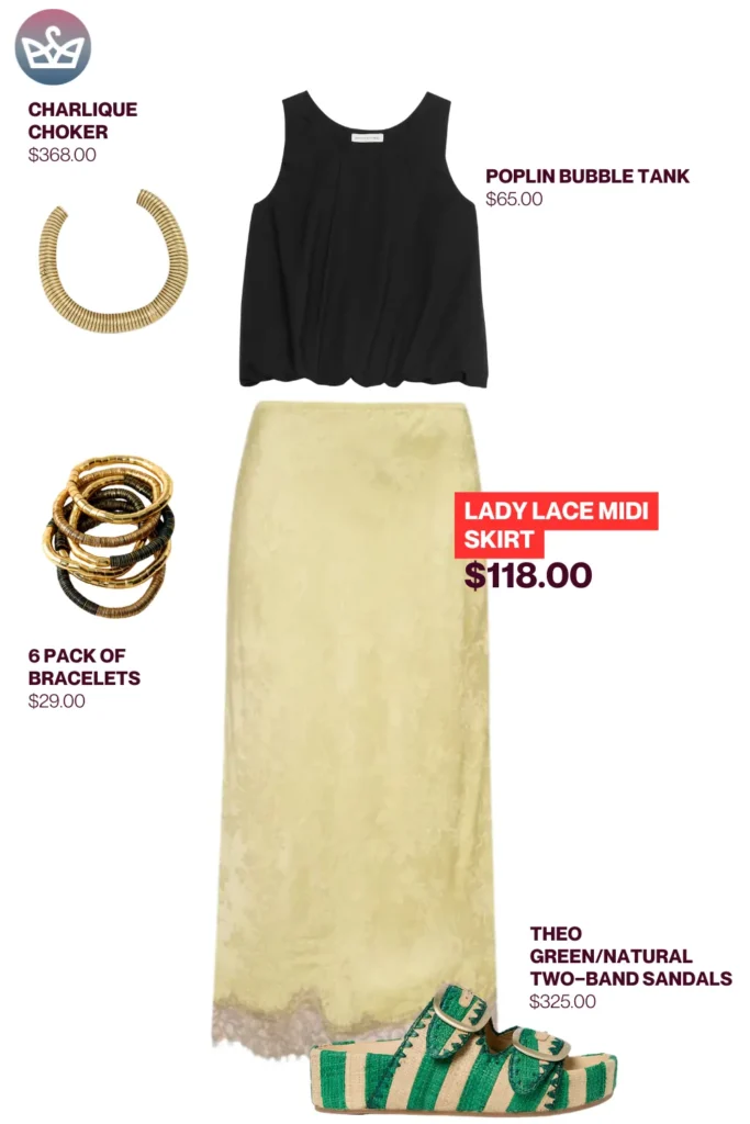 Chic airport outfits that feel like pajamas 21 result adjust my crown Stylish chic airport outfit styled with a black bubble tank yellow lace midi skirt green raffia sandals gold choker necklace and stacked bracelets